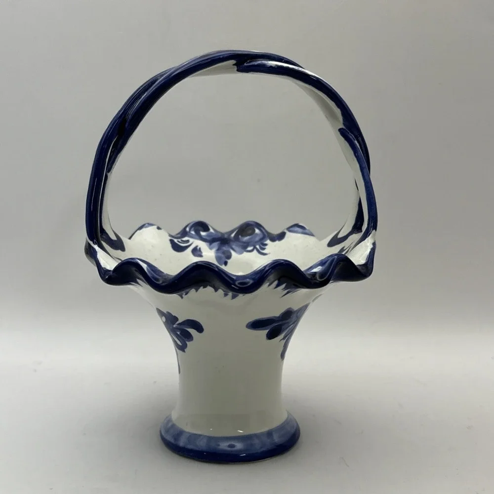 Blue & White Ceramic Floral Basket Hand Painted Portugal Pottery 9